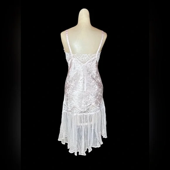 Vintage 1980s 1990s Maryann’s Boutique Pink Satin Lace High Low Chemise Babydoll - Picture 4 of 5